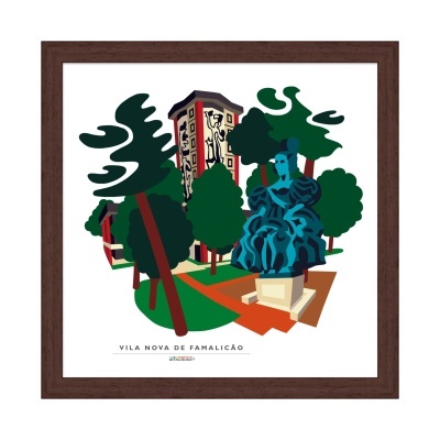 Ilustração decorativa com monumento e árvores em Vila Nova de Famalicão