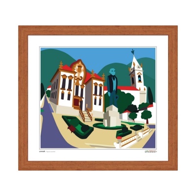 Quadro com ilustração colorida de edifícios, estátua e árvores num cenário urbano