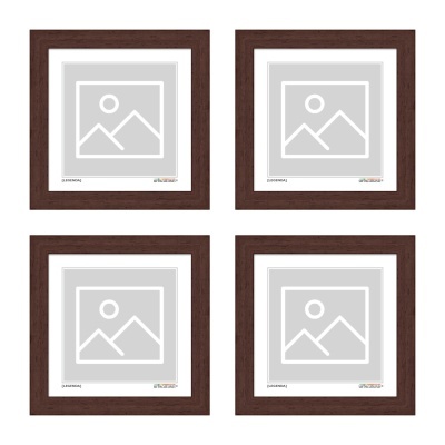 Conjunto de quatro molduras quadradas em madeira castanha escura.