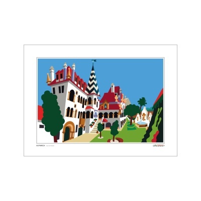 Ilustração colorida de edifícios com tetos vermelhos e torre com padrão preto e branco