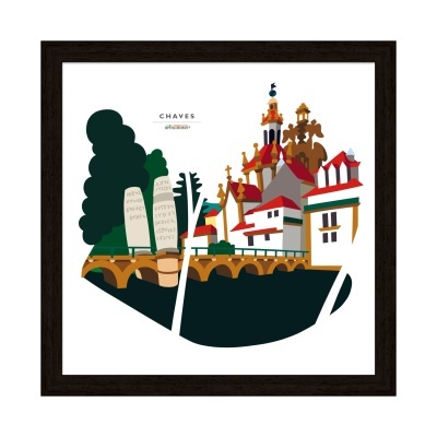 Ilustração colorida emoldurada da cidade de Chaves com casas, ponte e árvores