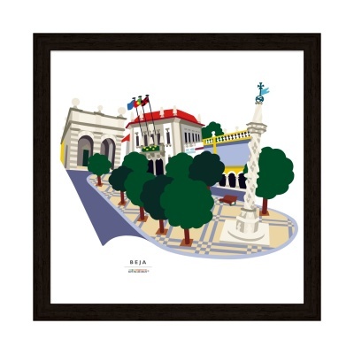 Ilustração digital de praça em Beja com árvores, edifícios, calçada e bandeiras