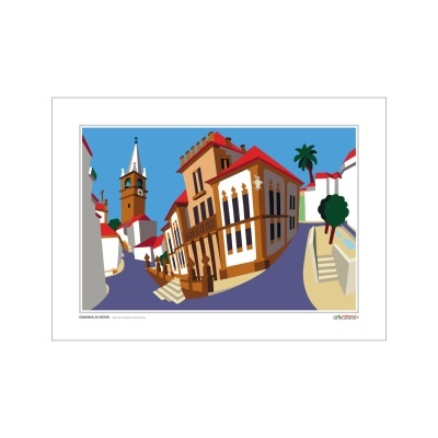 Desenho colorido de rua com edifícios históricos e torre de igreja