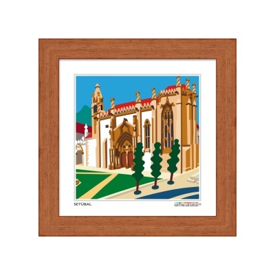 Ilustração em moldura de edifício histórico em Setúbal com árvores e céu azul