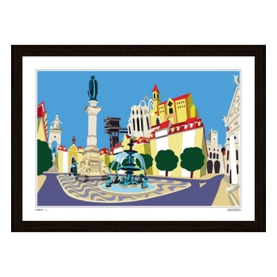 Ilustração colorida emoldurada de uma praça com edifícios e monumentos