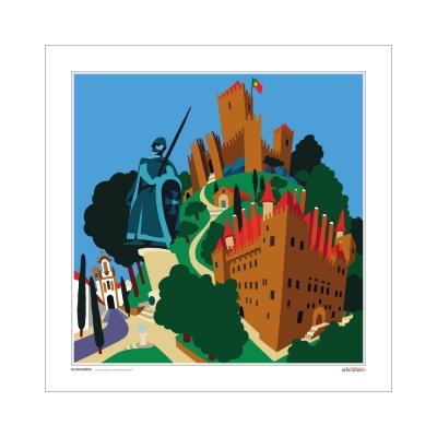 Ilustração colorida de castelo e estátuas em ambiente histórico com céu azul