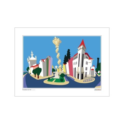 Ilustração colorida de paisagem urbana com edifícios e torre central amarela