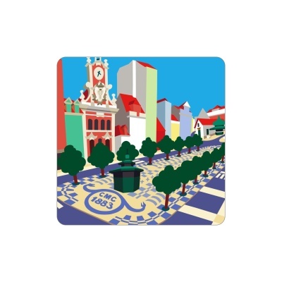 Ilustração digital de praça com pavimento de azulejos, árvores e edifícios coloridos