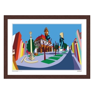 Ilustração digital colorida de rua urbana com edifícios e árvores