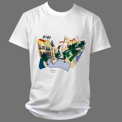 T-shirt branca com design colorido de praça e texto Amadora Portugal