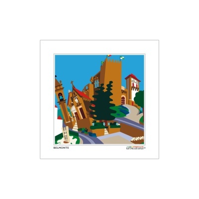 Ilustração digital de paisagem urbana com prédios e árvores em cores vivas