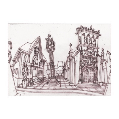 Desenho a lápis de edifícios históricos com coluna central e igreja detalhada