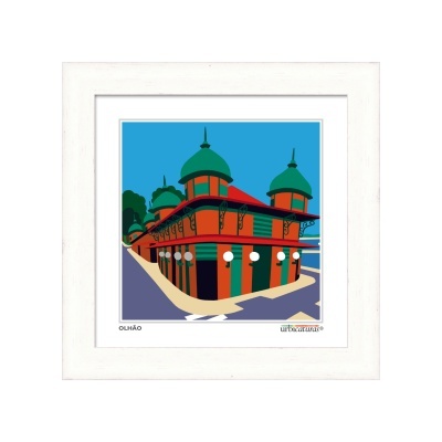 Quadro decorativo com ilustração colorida do mercado tradicional de Olhão
