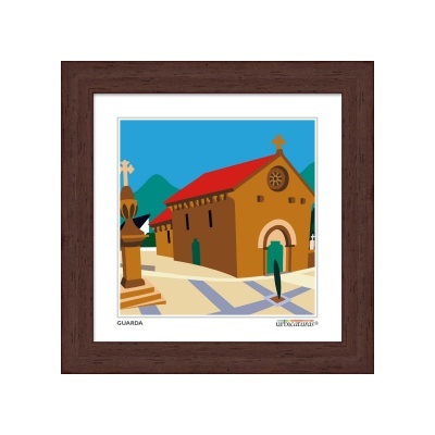 Quadro com imagem estilizada de igreja com telhado vermelho e cruz na frente