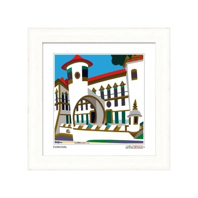 Quadro com imagem estilizada de edifício branco com janelas e detalhes castanhos e verdes