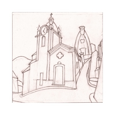 Desenho a lápis de edifício com torre de relógio e estrutura ao lado numa encosta