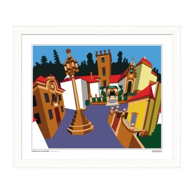 Gravura colorida de arquitetura urbana estilizada com moldura branca