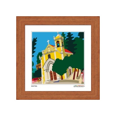 Quadro com ilustração colorida de igreja em Sintra e moldura castanha