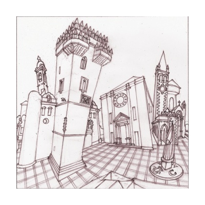 Desenho a lápis de praça com edifícios antigos e estátua