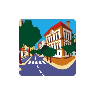 Ilustração de rua urbana com edifícios e árvores