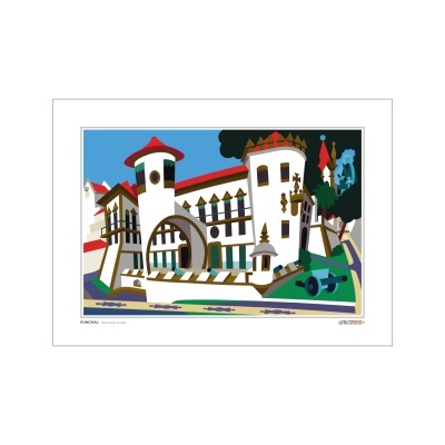 Ilustração digital colorida do Palácio de São Lourenço em Funchal com torres brancas e telhados vermelhos