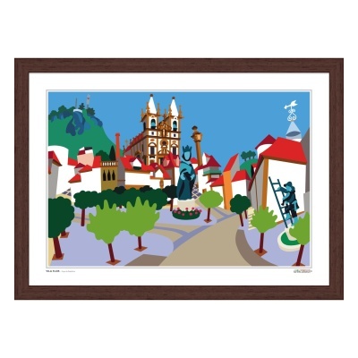 Quadro ilustrativo da Praça da República em Vila Flor com edifícios, estátuas e árvores sob céu azul