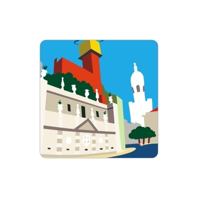 Ilustração de edifício colorido com céu azul e árvores