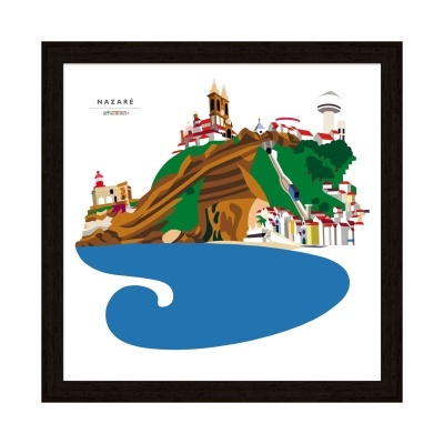 Ilustração digital colorida de Nazaré com mar, falésia, edifícios e texto numa moldura preta.