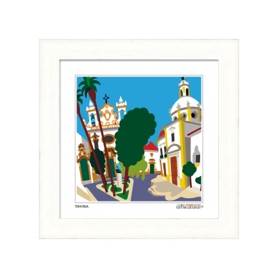 Ilustração colorida da cidade de Tavira em quadro com moldura branca