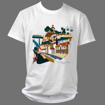 Camisola branca com ilustração colorida da cidade de Vila Nova de Gaia.