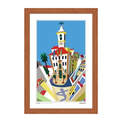 Cartaz artístico colorido com ilustração de edifício e torre de relógio dentro de moldura de madeira