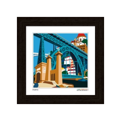 Quadro colorido do Porto com ponte azul e construções amarelas e vermelhas