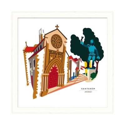 Ilustração digital colorida de igreja histórica e estátua em Santarém