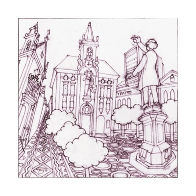 Desenho em linha urbana com estátua, prédio de teatro, árvores e chão com padrões geométricos