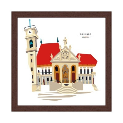 Ilustração de edifício da Universidade de Coimbra com torre de relógio e telhado vermelho