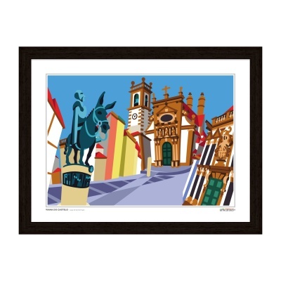 Ilustração emoldurada de estátua de cavaleiro e edifício histórico colorido