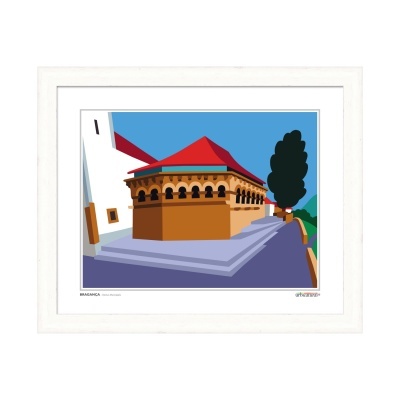 Ilustração digital de edifício histórico em Bragança com moldura branca