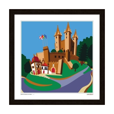 Gravura colorida de castelo com torres e bandeiras emoldurada.