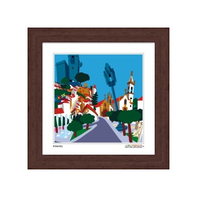 Ilustração colorida da cidade de Pinhel em quadro com moldura castanha