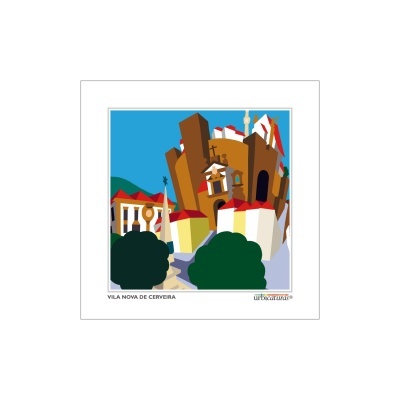 Ilustração digital de castelo colorido com texto Vila Nova de Cerveira