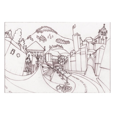 Desenho a preto e branco de paisagem urbana com estrada e montanhas