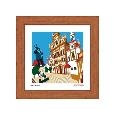 Quadro ilustrativo da cidade de Santarém com moldura castanha de madeira