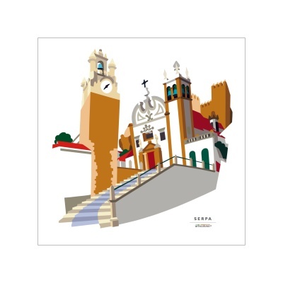 Ilustração digital de edifícios históricos em Serpa com texto