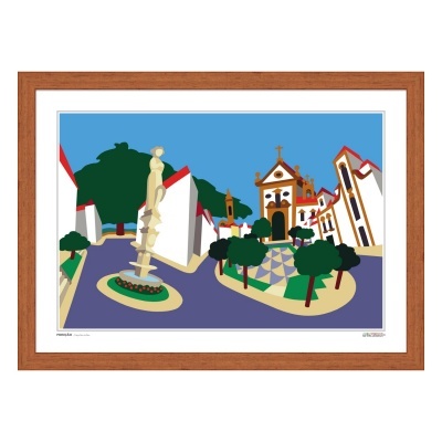 Gravura colorida de praça com igreja, árvores, casas brancas e estátua com moldura de madeira.