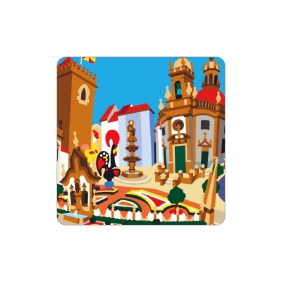 Ilustração de edifícios históricos com fonte e galo de cerâmica coloridos