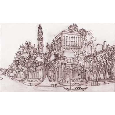 Desenho a tinta castanha de cidade histórica com ponte metálica e barcos no rio