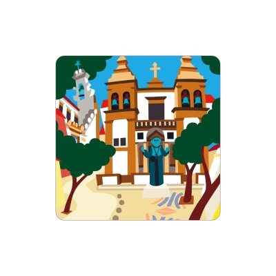 Ilustração de igreja com torres, sinos e estátua em praça com árvores