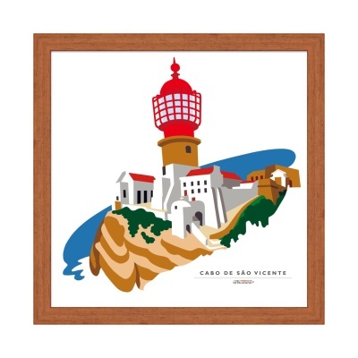 Ilustração decorativa do Farol do Cabo de São Vicente com moldura de madeira