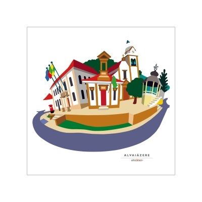 Ilustração digital de edifícios e árvores em Alvaiázere