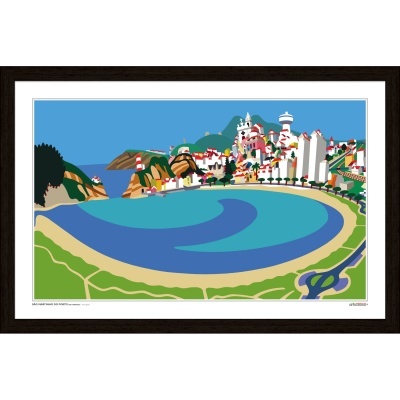 Ilustração digital colorida da baía de Gaia, Portugal, com praia e edifícios coloridos.